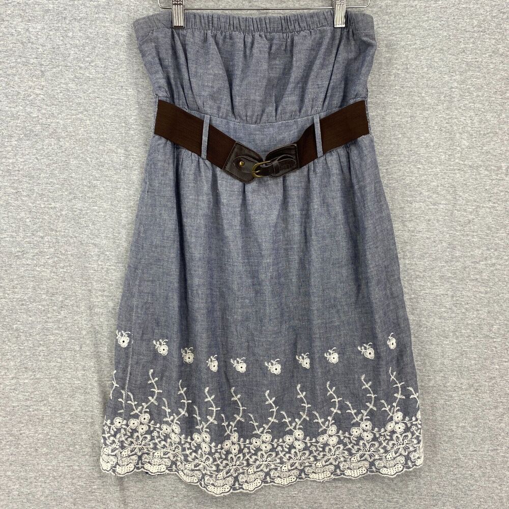 Rue 21 Dress Womens Large Blue Eyelet Smocked Strapless Sundress Belted